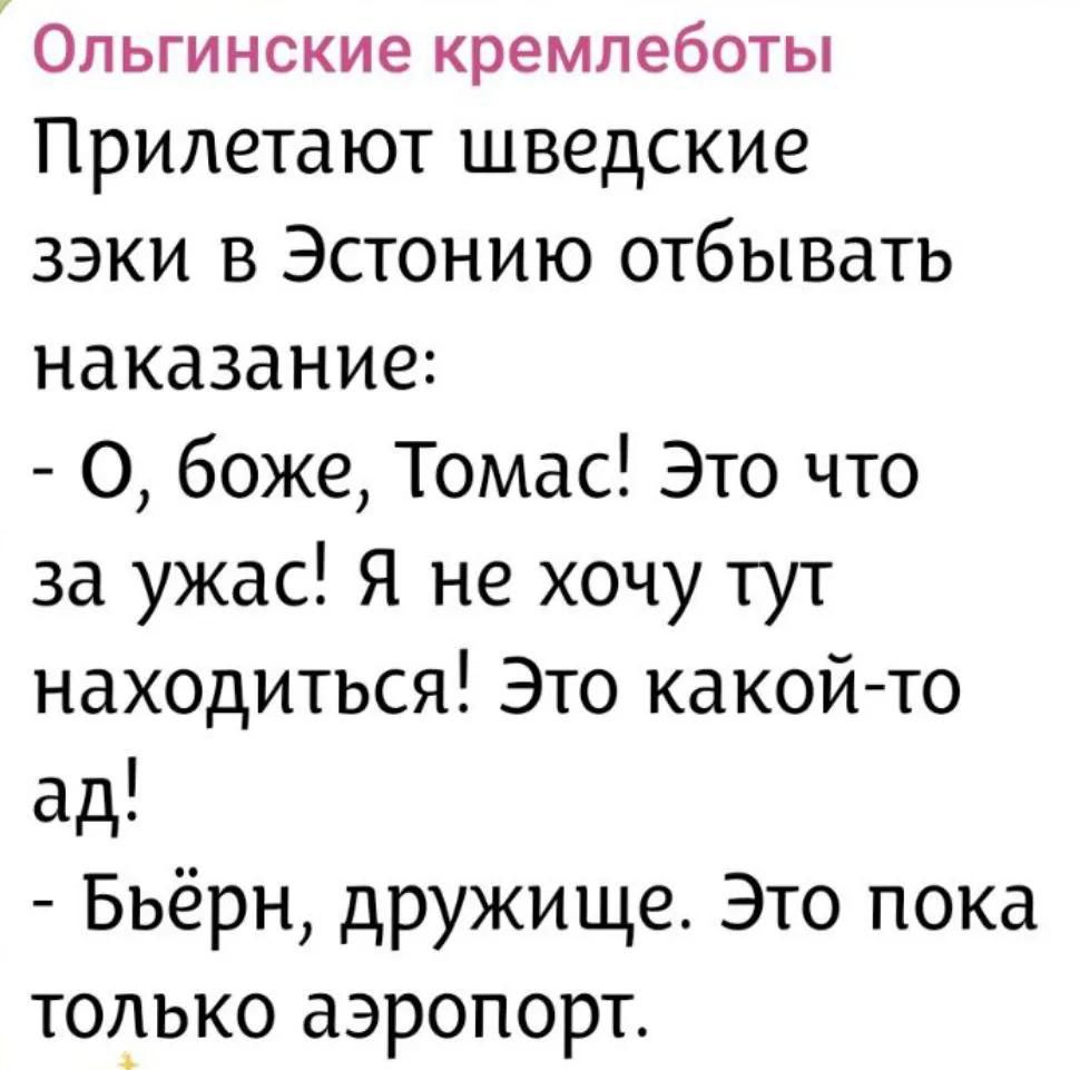 Ольгинские кремлеботы Прилетают шведские зэки в Эстонию отбывать наказание: - О, боже, Томас! Это что за ужас! Я не хочу тут находиться! Это какой-то ад! - Бьёрн, дружище. Это пока только аэропорт.