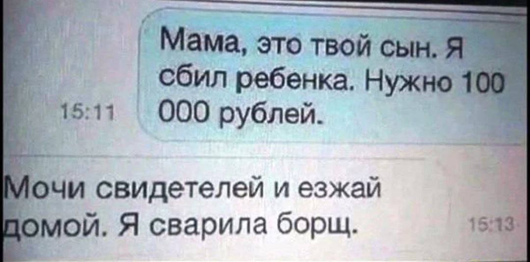 Мама, это твой сын. Я сбил ребенка. Нужно 100 000 рублей. Мочи свидетелей и езжай домой. Я сварила борщ.