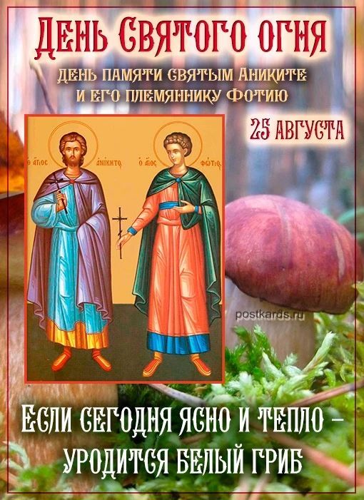 ДЕНЬ СВЯТОГО ОГНЯ ДЕНЬ ПАМЯТИ СВЯТЫМ АНИКИТЕ И ЕГО ПЛЕМЯННИКУ ФОТИЮ 25 АВГУСТА ЕСЛИ СЕГОДНЯ ЯСНО И ТЕПЛО - УРОДИТСЯ БЕЛЫЙ ГРИБ