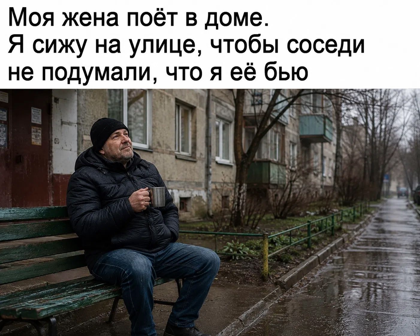 Моя жена поёт в доме. Я сижу на улице, чтобы соседи не подумали, что я её бью