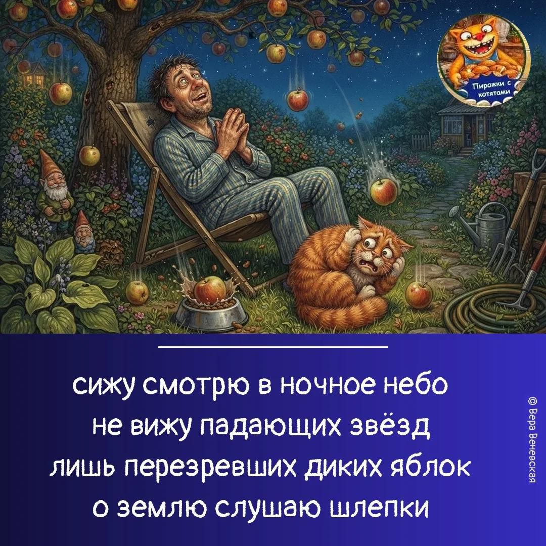 Пирожки с котятами сижу смотрю в ночное небо не вижу падающих звёзд лишь перезревших диких яблок о землю слушаю шлепки