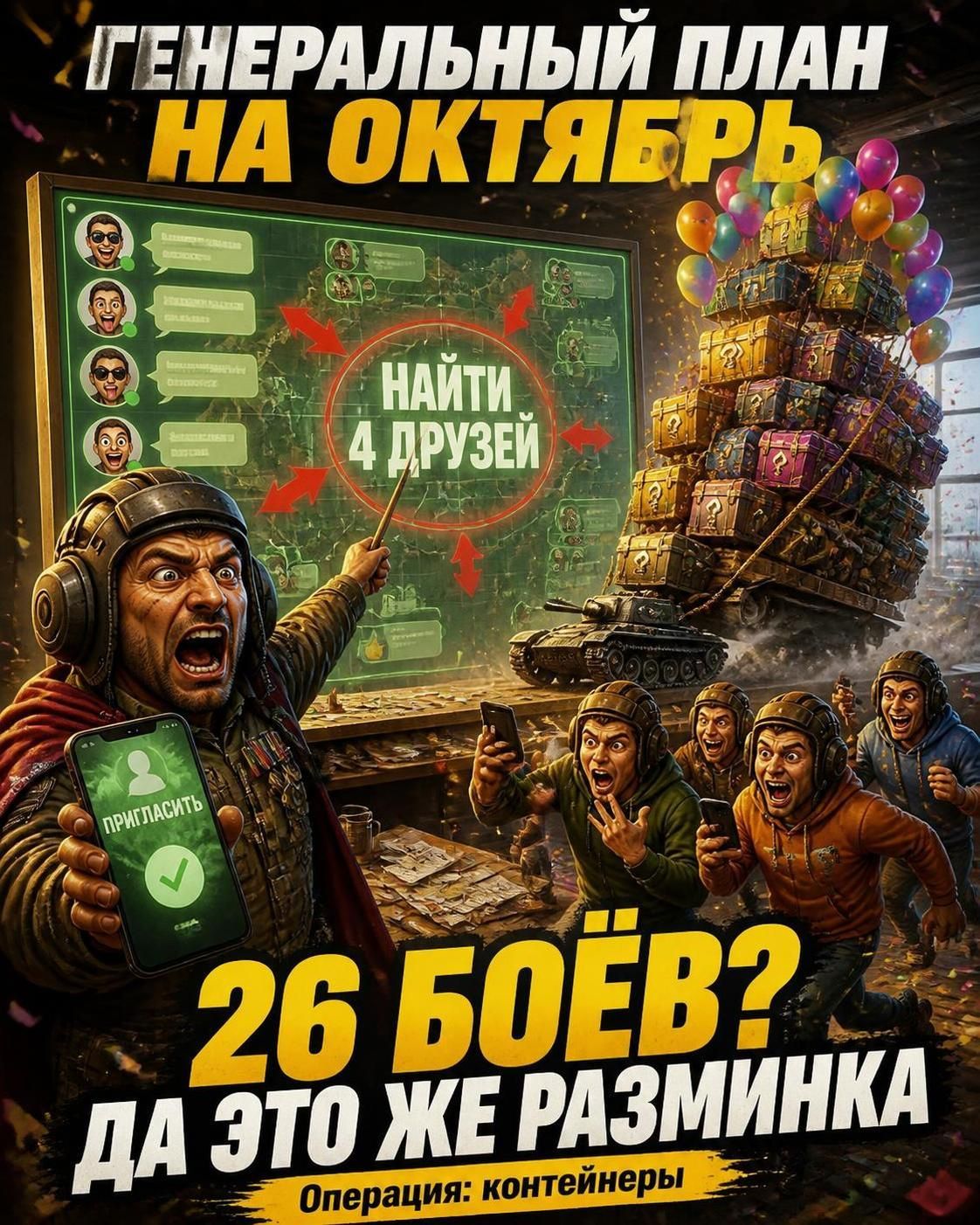 ГЕНЕРАЛЬНЫЙ ПЛАН НА ОКТЯБРЬ. НАЙТИ 4 ДРУЗЕЙ. ПРИГЛАСИТЬ. 26 БОЁВ? ДА ЭТО ЖЕ РАЗМИНКА. Операция: контейнеры