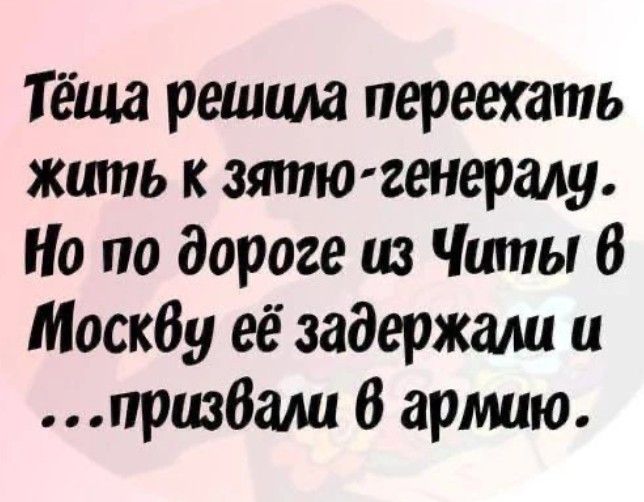Тёща решила переехать жить к зятю-генералу. Но по дороге из Читы в Москву её задержали и ...призвали в армию.
