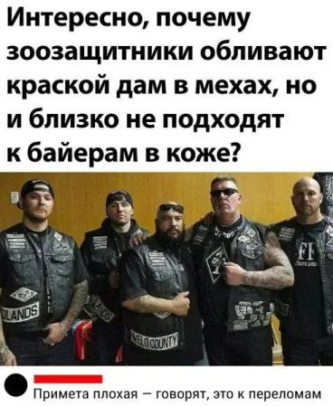 Интересно, почему зоозащитники обливают краской дам в мехах, но и близко не подходят к байкерам в коже?
Примета плохая — говорят, это к переломам