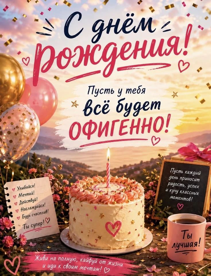 С днём рождения! Пусть у тебя всё будет офигенно! Улыбайся! Мечтай! Действуй! Наслаждайся! Будь счастлив! Ты супер! Пусть каждый день приносит радость, успех и кучу классных моментов! Ты лучшая! Живи на полную, кайфуй от жизни и иди к своим мечтам!