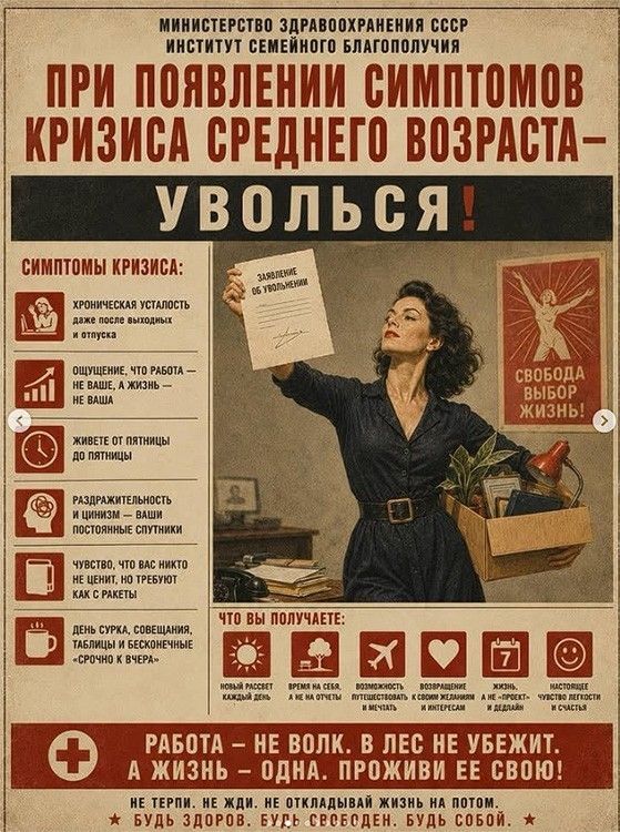 МИНИСТЕРСТВО ЗДРАВООХРАНЕНИЯ СССР ИНСТИТУТ СЕМЕЙНОГО БЛАГОПОЛУЧИЯ ПРИ ПОЯВЛЕНИИ СИМПТОМОВ КРИЗИСА СРЕДНЕГО ВОЗРАСТА - УВОЛЬСЯ! СИМПТОМЫ КРИЗИСА: ХРОНИЧЕСКАЯ УСТАЛОСТЬ ДАЖЕ ПОСЛЕ ВЫХОДНЫХ И ОТПУСКА ОЩУЩЕНИЕ, ЧТО РАБОТА — НЕ ВАШЕ, А ЖИЗНЬ — НЕ ВАША ЖИВЕТЕ ОТ ПЯТНИЦЫ ДО ПЯТНИЦЫ РАЗДРАЖИТЕЛЬНОСТЬ И ЦИНИЗМ — ВАШИ ПОСТОЯННЫЕ СПУТНИКИ ЧУВСТВО, ЧТО ВАС