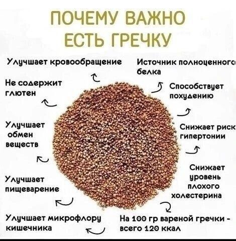 ПОЧЕМУ ВАЖНО ЕСТЬ ГРЕЧКУ Улучшает кровообращение Не содержит глютен Улучшает обмен веществ Улучшает пищеварение Улучшает микрофлору кишечника Источник полноценного белка Способствует похудению Снижает риск гипертонии Снижает уровень плохого холестерина На 100 гр вареной гречки - всего 120 ккал