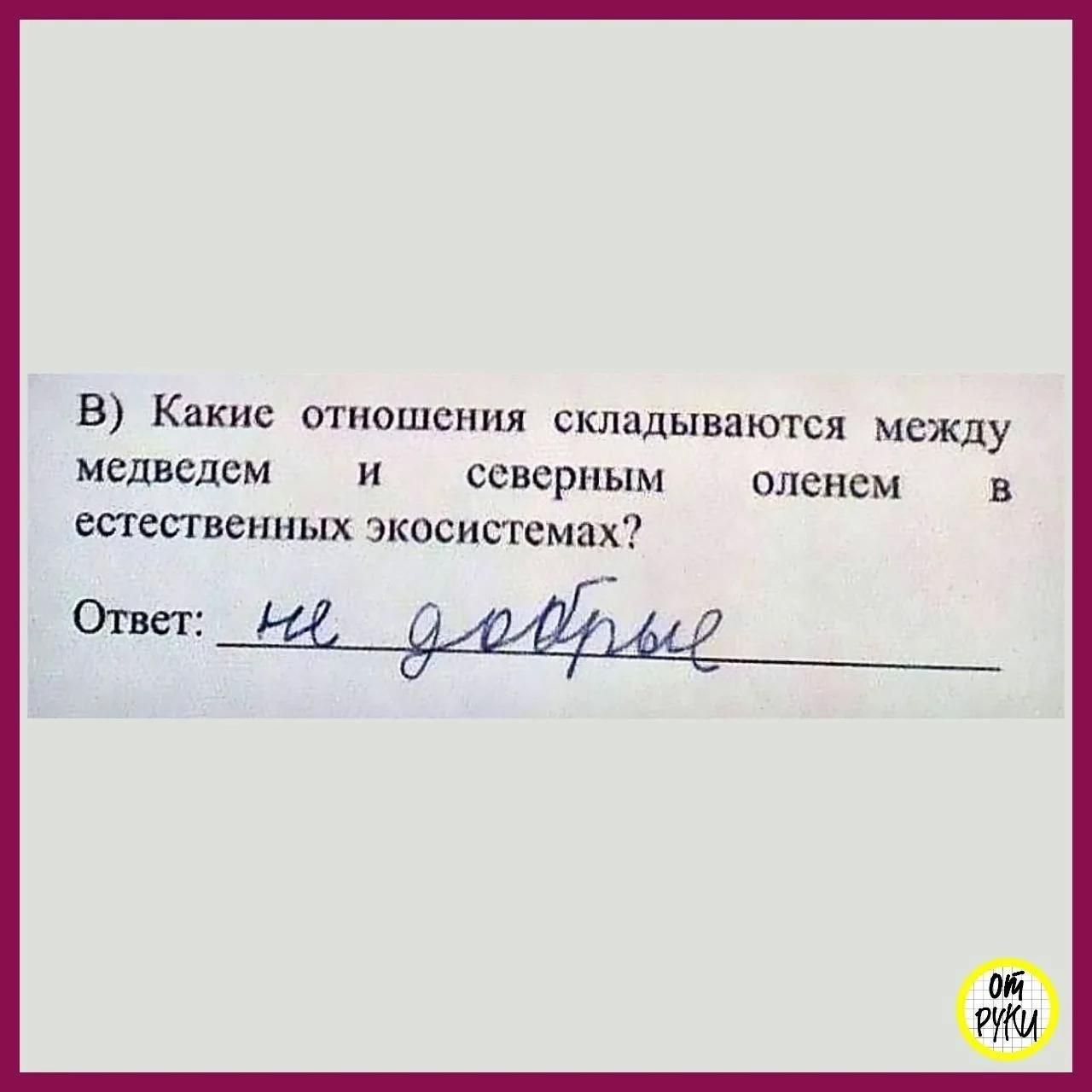 В) Какие отношения складываются между медведем и северным оленем в естественных экосистемах? Ответ: не добрые