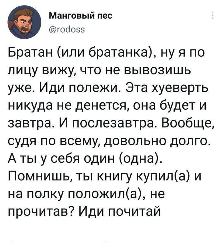Братан (или братанка), ну я по лицу вижу, что не вывозишь уже. Иди полежи. Эта хуеверть никуда не денется, она будет и завтра. И послезавтра. Вообще, судя по всему, довольно долго. А ты у себя один (одна). Помнишь, ты книгу купил(а) и на полку положил(а), не прочитав? Иди почитай