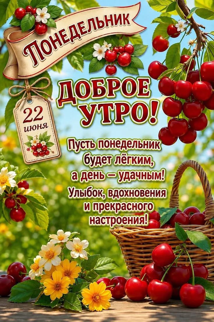 Понедельник Доброе утро! 22 июня Пусть понедельник будет лёгким, а день – удачным! Улыбок, вдохновения и прекрасного настроения!
