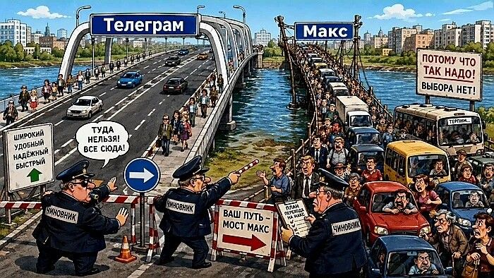 Телеграм. Макс. Туда нельзя! Все сюда! Широкий удобный надёжный быстрый. Ваш путь - мост Макс. План перехода на Макс. Потому что так надо! Выбора нет! Терпим... Чиновник