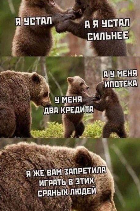 Я устал. А я устал сильнее. У меня два кредита. А у меня ипотека. Я же вам запретила играть в этих сраных людей.
