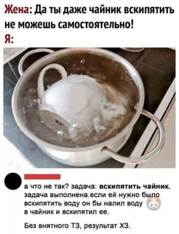 Жена: Да ты даже чайник вскипятить не можешь самостоятельно! Я: а что не так? задача: вскипятить чайник. задача выполнена. если ей нужно было вскипятить воду он бы налил воду в чайник и вскипятил ее. Без внятного ТЗ, результат ХЗ.