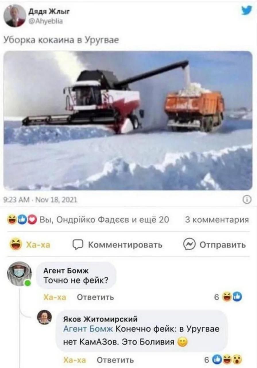 Дядя Жлыг @Ahyeblia Уборка кокаина в Уругвае 9:23 AM · Nov 18, 2021 Вы, Ондрийко Фадеев и ещё 20 3 комментария Ха-ха Комментировать Отправить Агент Бомж Точно не фейк? Ха-ха Ответить Яков Житомирский Агент Бомж Конечно фейк: в Уругвае нет КамАЗов. Это Боливия Ха-ха Ответить