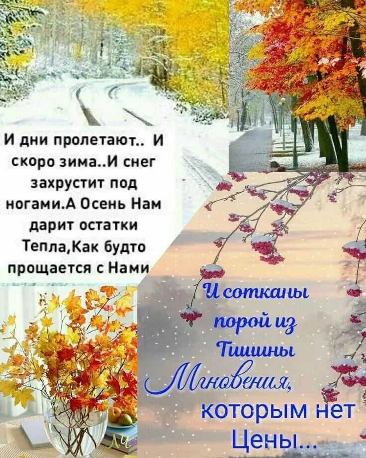 И дни пролетают.. И скоро зима..И снег захрустит под ногами.А Осень Нам дарит остатки Тепла,Как будто прощается с Нами. И сотканы порой из Тишины Мгновения, которым нет Цены...