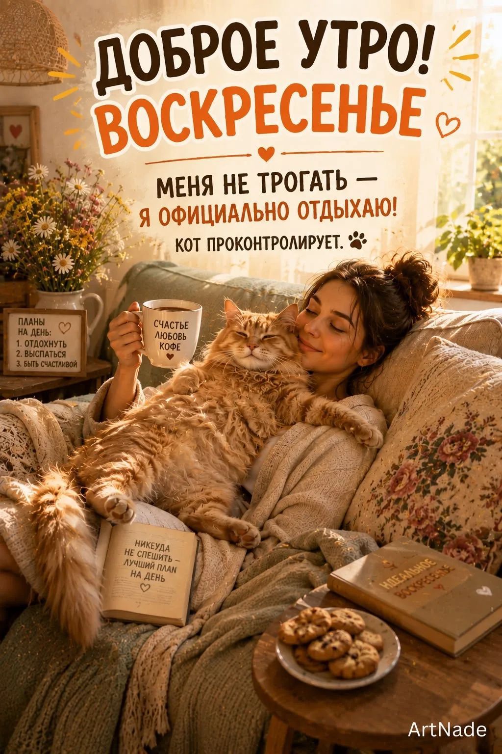 ДОБРОЕ УТРО! ВОСКРЕСЕНЬЕ. МЕНЯ НЕ ТРОГАТЬ — Я ОФИЦИАЛЬНО ОТДЫХАЮ! КОТ ПРОКОНТРОЛИРУЕТ. ПЛАНЫ НА ДЕНЬ: 1. ОТДОХНУТЬ 2. ВЫСПАТЬСЯ 3. БЫТЬ СЧАСТЛИВОЙ. СЧАСТЬЕ ЛЮБОВЬ КОФЕ. НИКЕУДА НЕ СПЕШИТЬ — ЛУЧШИЙ ПЛАН НА ДЕНЬ. ИДЕАЛЬНОЕ ВОСКРЕСЕНЬЕ.