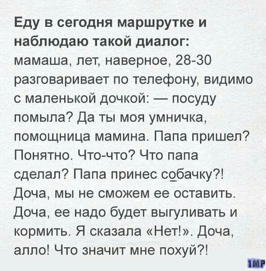 Еду в сегодня маршрутке и наблюдаю такой диалог: мамаша, лет, наверное, 28-30 разговаривает по телефону, видимо с маленькой дочкой: — посуду помыла? Да ты моя умничка, помощница мамина. Папа пришел? Понятно. Что-то? Что папа сделал? Папа принес собачку?! Доча, мы не сможем ее оставить. Доча, ее надо будет выгуливать и кормить. Я сказала «Нет!».