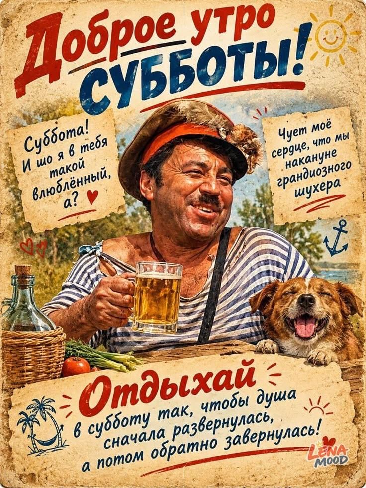 Доброе утро субботы! Суббота! И шо я в тебя такой влюблённый, а? Чует моё сердце, что мы накануне грандиозного шухера. Отдыхай в субботу так, чтобы душа сначала развернулась, а потом обратно завернулась!
