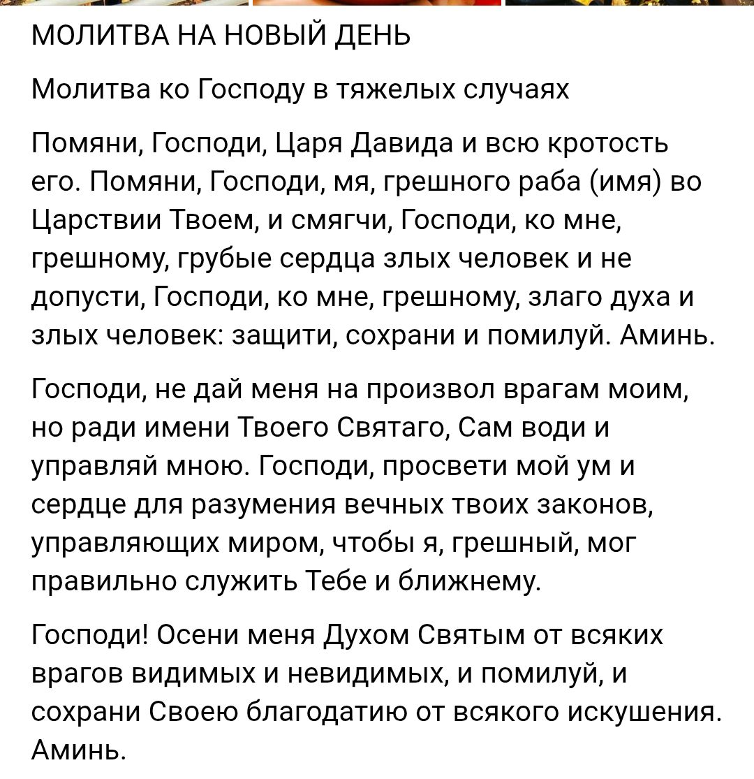 МОЛИТВА НА НОВЫЙ ДЕНЬ Молитва ко Господу в тяжелых случаях Помяни, Господи, Царя Давида и всю кротость его. Помяни, Господи, мя, грешного раба (имя) во Царствии Твоем, и смягчи, Господи, ко мне, грешному, грубые сердца злых человек и не допусти, Господи, ко мне, грешному, злаго духа и злых человек: защити, сохрани и помилуй. Аминь. Господи, не дай