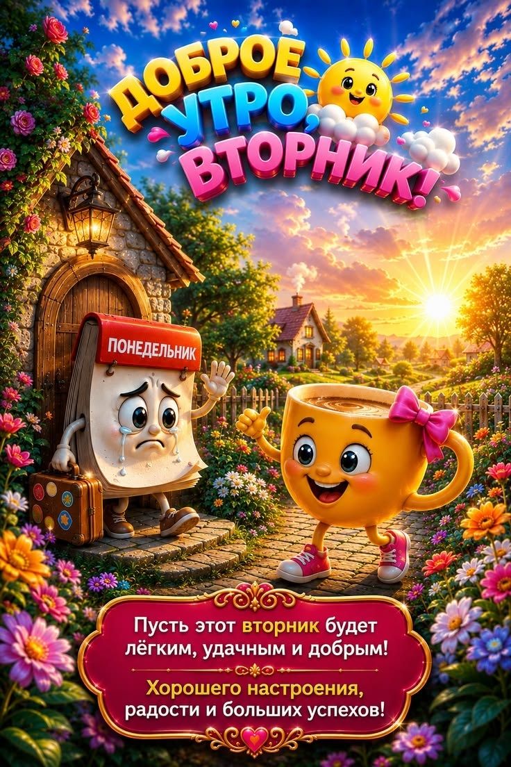 ДОБРОЕ УТРО, ВТОРНИК! ПОНЕДЕЛЬНИК Пусть этот вторник будет лёгким, удачным и добрым! Хорошего настроения, радости и больших успехов!