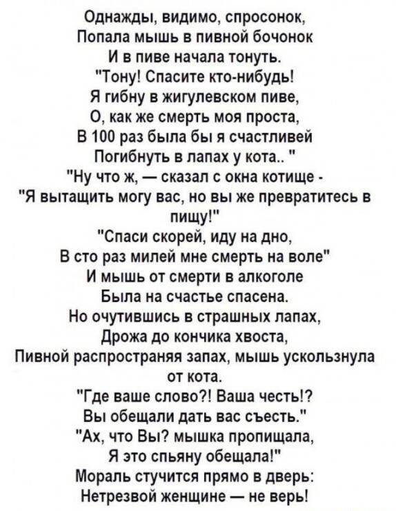 Однажды, видимо, спросонок,
Попала мышь в пивной бочонок
И в пиве начала тонуть.
