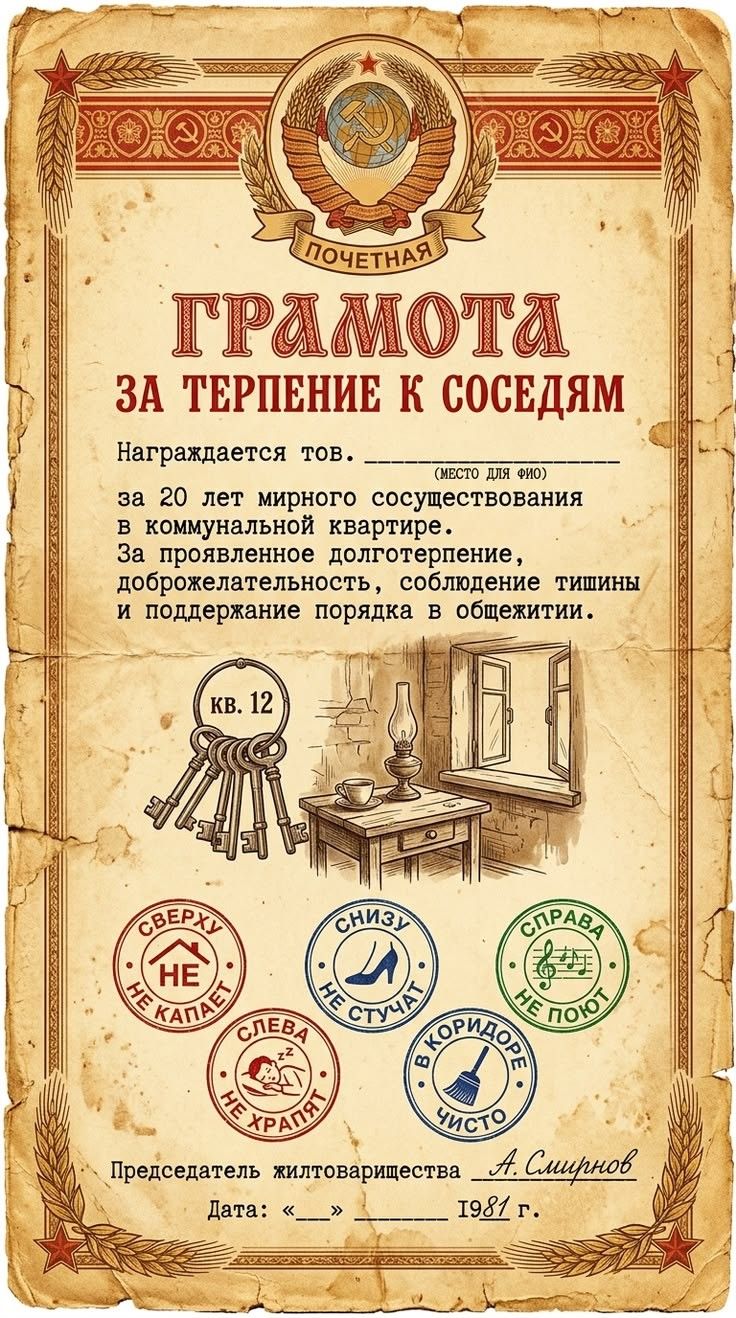 ПОЧЕТНАЯ ГРАМОТА ЗА ТЕРПЕНИЕ К СОСЕДЯМ Награждается тов. (МЕСТО ДЛЯ ФИО) за 20 лет мирного сосуществования в коммунальной квартире. За проявленное долготерпение, доброжелательность, соблюдение тишины и поддержание порядка в общежитии. кв. 12 СВЕРХУ НЕ КАПАЕТ СНИЗУ НЕ СТУЧАТ СПРАВА НЕ ПОЮТ СЛЕВА НЕ ХРАПЯТ В КОРИДОРЕ ЧИСТО Председатель