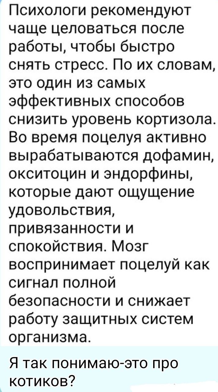 Психологи рекомендуют чаще целоваться после работы, чтобы быстро снять стресс. По их словам, это один из самых эффективных способов снизить уровень кортизола. Во время поцелуя активно вырабатываются дофамин, окситоцин и эндорфины, которые дают ощущение удовольствия, привязанности и спокойствия. Мозг воспринимает поцелуй как сигнал полной