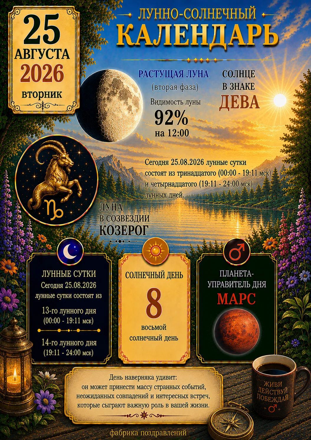 25 августа 2026 вторник лунно-солнечный календарь растущая луна вторая фаза видимость луны 92% на 12:00 солнце в знаке дева луна в созвездии козерог лунные сутки 25.08.2026 состоят из тринадцатого и четырнадцатого лунных дней солнечный день восьмой солнечный день планета управитель дня марс день наверняка удивит он может принести массу странных