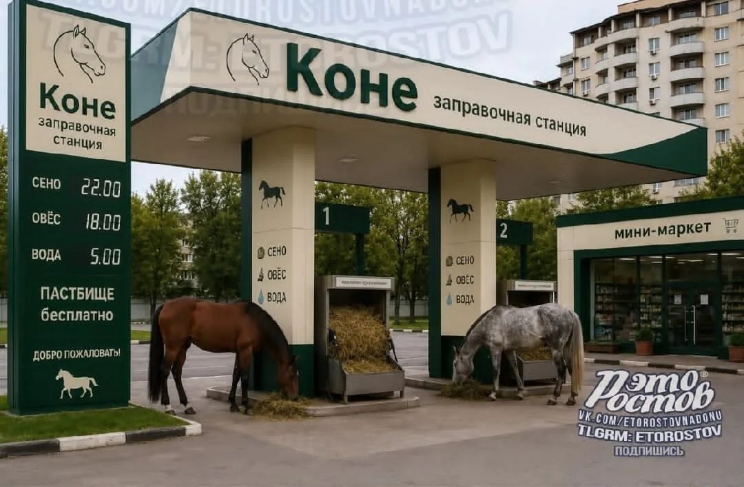 Коне заправочная станция СЕНО 22.00 ОВЁС 18.00 ВОДА 5.00 ПАСТБИЩЕ бесплатно ДОБРО ПОЖАЛОВАТЬ! мини-маркет