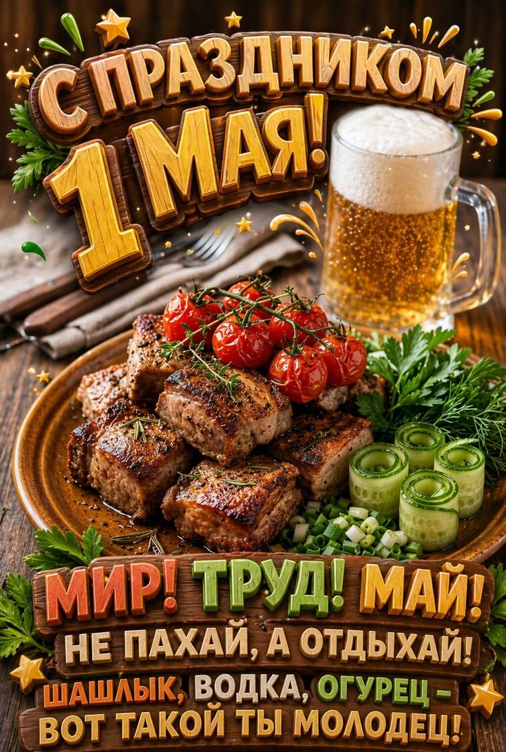 С ПРАЗДНИКОМ 1 МАЯ! МИР! ТРУД! МАЙ! НЕ ПАХАЙ, А ОТДЫХАЙ! ШАШЛЫК, ВОДКА, ОГУРЕЦ – ВОТ ТАКОЙ ТЫ МОЛОДЕЦ!