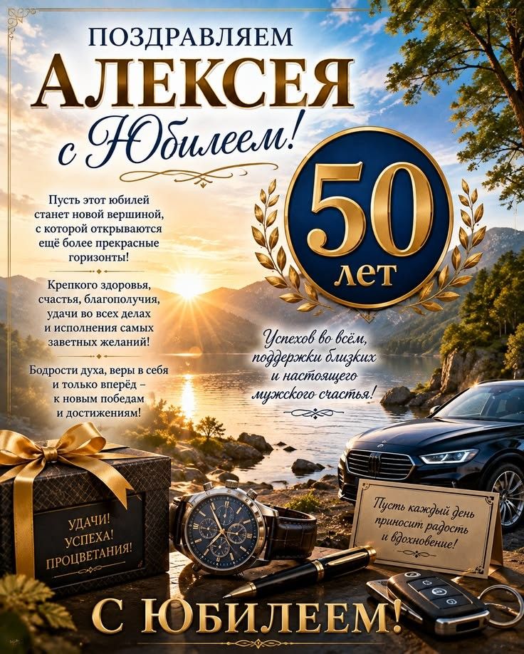 ПОЗДРАВЛЯЕМ АЛЕКСЕЯ С ЮБИЛЕЕМ! 50 лет Пусть этот юбилей станет новой вершиной, с которой открываются ещё более прекрасные горизонты! Крепкого здоровья, счастья, благополучия, удачи во всех делах и исполнения самых заветных желаний! Бодрости духа, веры в себя и только вперёд — к новым победам и достижениям! Успехов во всём, поддержки близких и