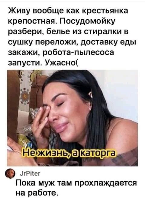 Живу вообще как крестьянка крепостная. Посудомойку разбери, белье из стиралки в сушку переложи, доставку еды закажи, робота-пылесоса запусти. Ужасно( Не жизнь, а каторга. JrPiter Пока муж там прохлаждается на работе.