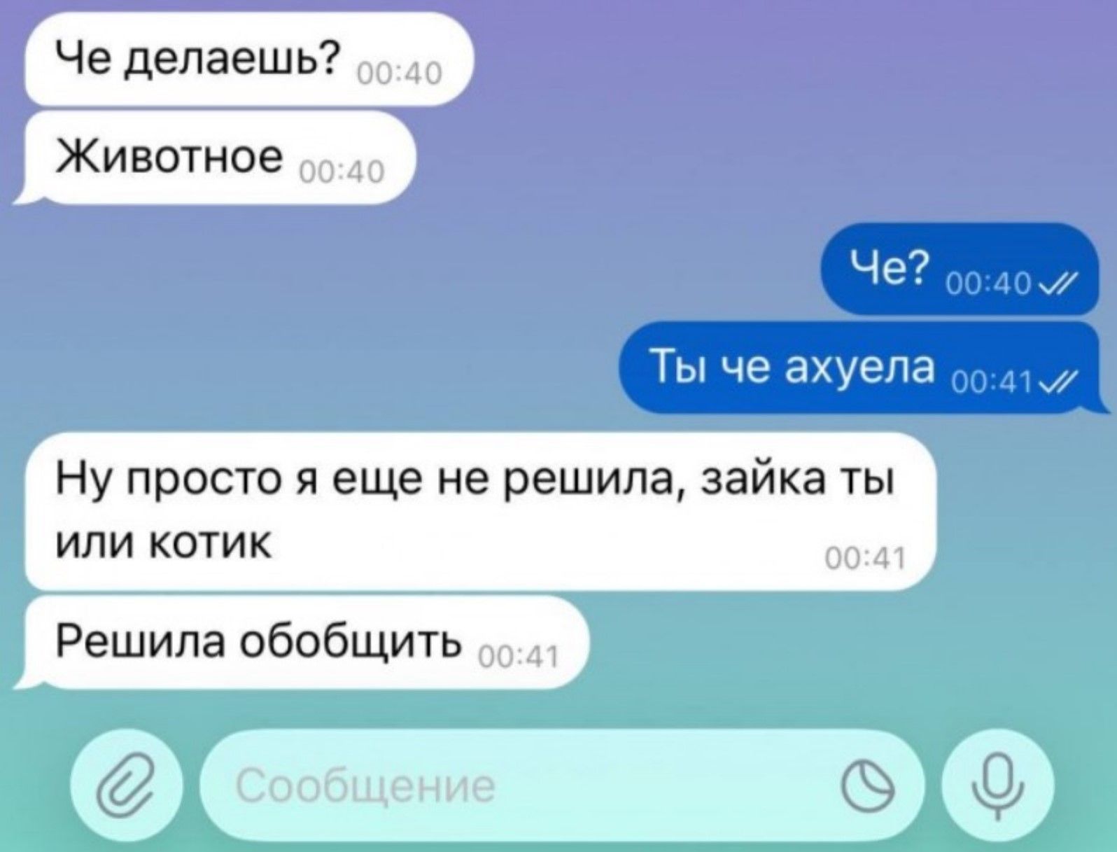Че делаешь? Животное Че? Ты че ахуела Ну просто я еще не решила, зайка ты или котик Решила обобщить