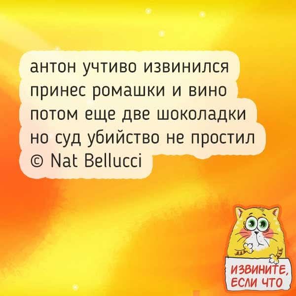 антон учтиво извинился принес ромашки и вино потом еще две шоколадки но суд убийство не простил © Nat Bellucci ИЗВИНИТЕ, ЕСЛИ ЧТО