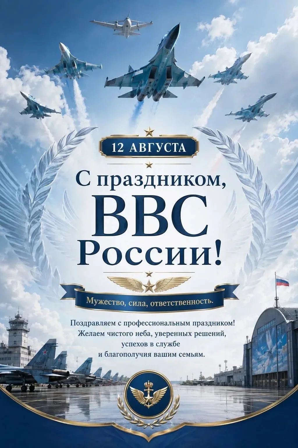 12 АВГУСТА С праздником, ВВС России! Мужество, сила, ответственность. Поздравляем с профессиональным праздником! Желаем чистого неба, уверенных решений, успехов в службе и благополучия вашим семьям.