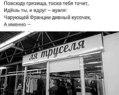 Повсюду грязища, тоска тебя точит, Идёшь ты, и вдруг — вуаля: Чарующей Франции дивный кусочек, А именно — ля труселя