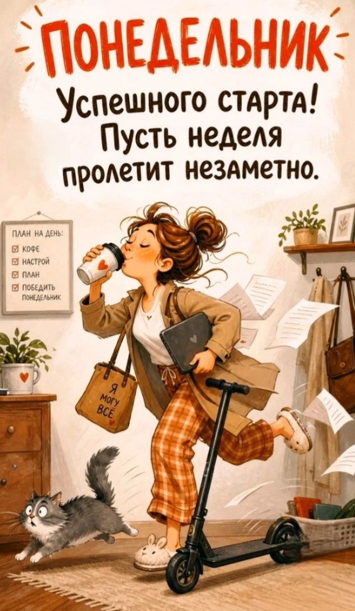 ПОНЕДЕЛЬНИК Успешного старта! Пусть неделя пролетит незаметно. ПЛАН НА ДЕНЬ: КОФЕ, НАСТРОЙ, ПЛАН, ПОБЕДИТЬ ПОНЕДЕЛЬНИК. Я могу ВСЕ