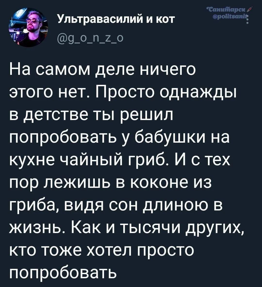 Ультравасилий и кот @g_o_n_z_o На самом деле ничего этого нет. Просто однажды в детстве ты решил попробовать у бабушки на кухне чайный гриб. И с тех пор лежишь в коконе из гриба, видя сон длиною в жизнь. Как и тысячи других, кто тоже хотел просто попробовать Санитарек @politsanic