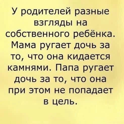 У родителей разные взгляды на собственного ребёнка. Мама ругает дочь за то, что она кидается камнями. Папа ругает дочь за то, что она при этом не попадает в цель.