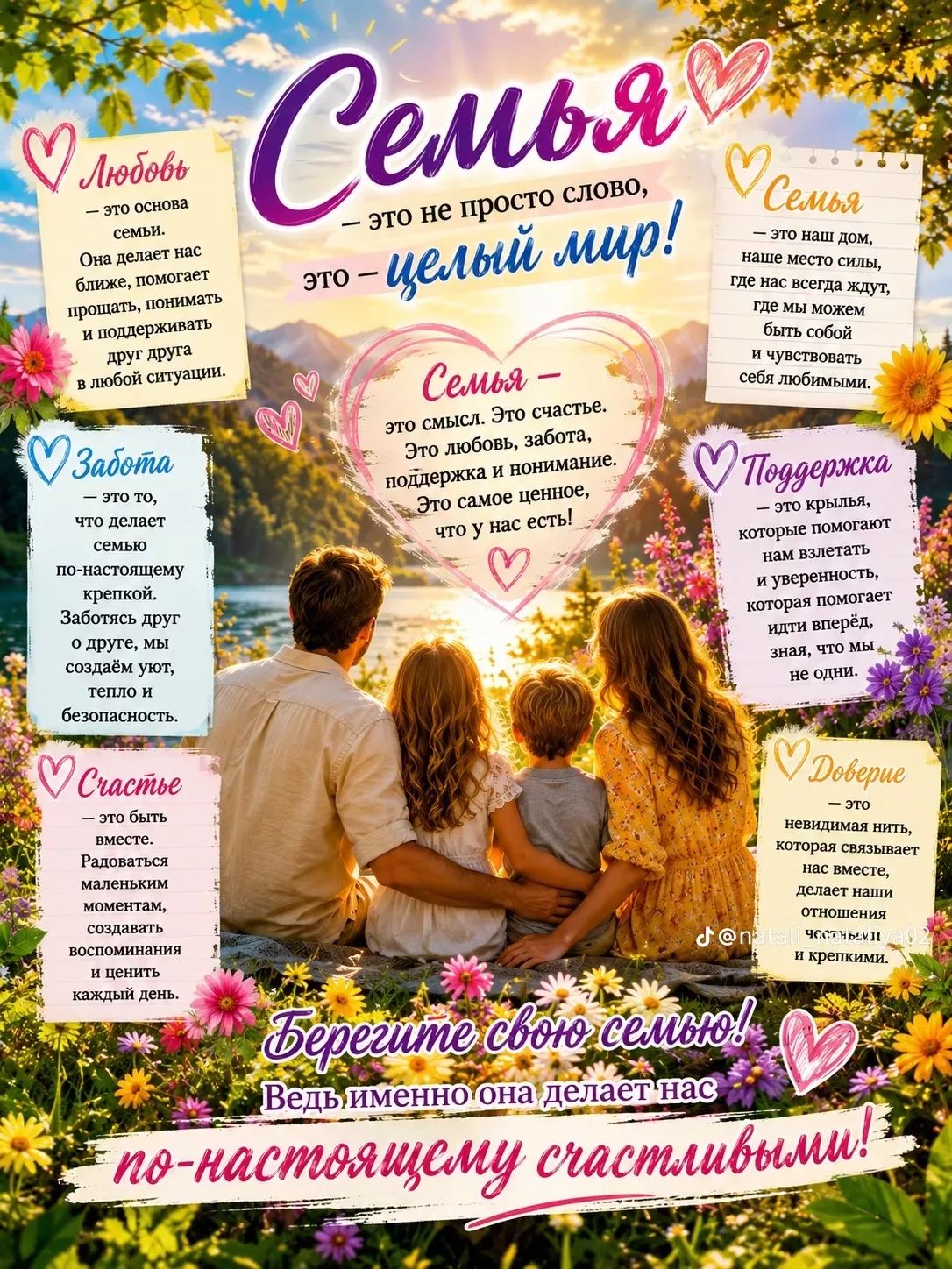 Семья — это не просто слово, это — целый мир! Семья — это смысл. Это счастье. Это любовь, забота, поддержка и понимание. Это самое ценное, что у нас есть! Любовь — это основа семьи. Она делает нас ближе, помогает прощать, понимать и поддерживать друг друга в любой ситуации. Забота — это то, что делает семью по-настоящему крепкой. Заботясь друг о