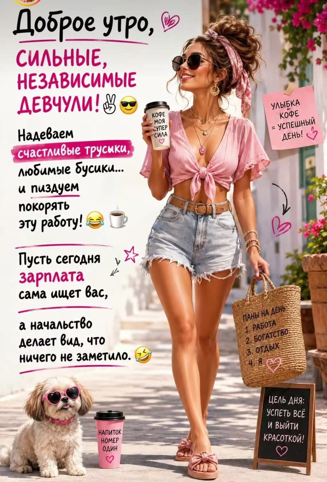 Доброе утро, сильные, независимые девчули! Надеваем счастливые трусики, любимые бусики... и пиздуем покорять эту работу! Пусть сегодня зарплата сама ищет вас, а начальство делает вид, что ничего не заметило. Улыбка + кофе = успешный день! ПЛАНЫ НА ДЕНЬ: 1. РАБОТА 2. БОГАТСТВО 3. ОТДЫХ 4. Я. ЦЕЛЬ ДНЯ: успеть всё и выйти красоткой!