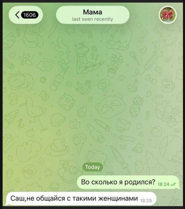 Мама last seen recently 1606 Today Во сколько я родился? 18:24 Саш,не общайся с такими женщинами 18:25