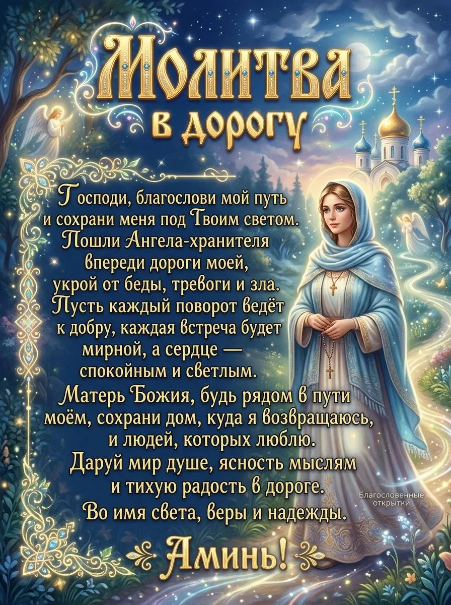 Молитва в дорогу Господи, благослови мой путь и сохрани меня под Твоим светом. Пошли Ангела-хранителя впереди дороги моей, укрой от беды, тревоги и зла. Пусть каждый поворот ведёт к добру, каждая встреча будет мирной, а сердце — спокойным и светлым. Матерь Божия, будь рядом в пути моём, сохрани дом, куда я возвращаюсь, и людей, которых люблю.