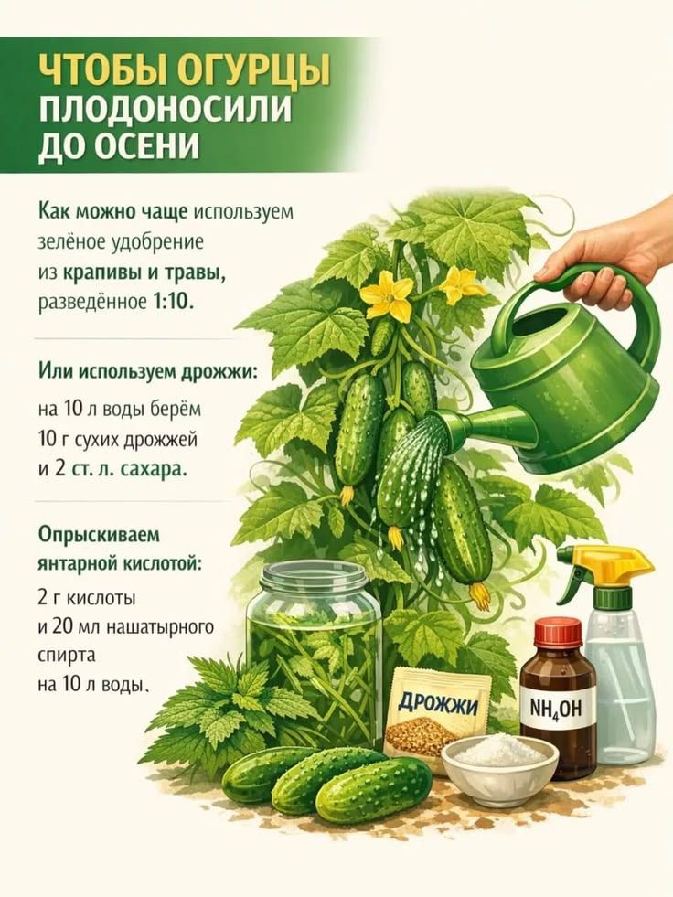 ЧТОБЫ ОГУРЦЫ ПЛОДОНОСИЛИ ДО ОСЕНИ Как можно чаще используем зелёное удобрение из крапивы и травы, разведённое 1:10. Или используем дрожжи: на 10 л воды берём 10 г сухих дрожжей и 2 ст. л. сахара. Опрыскиваем янтарной кислотой: 2 г кислоты и 20 мл нашатырного спирта на 10 л воды. ДРОЖЖИ NH₄OH
