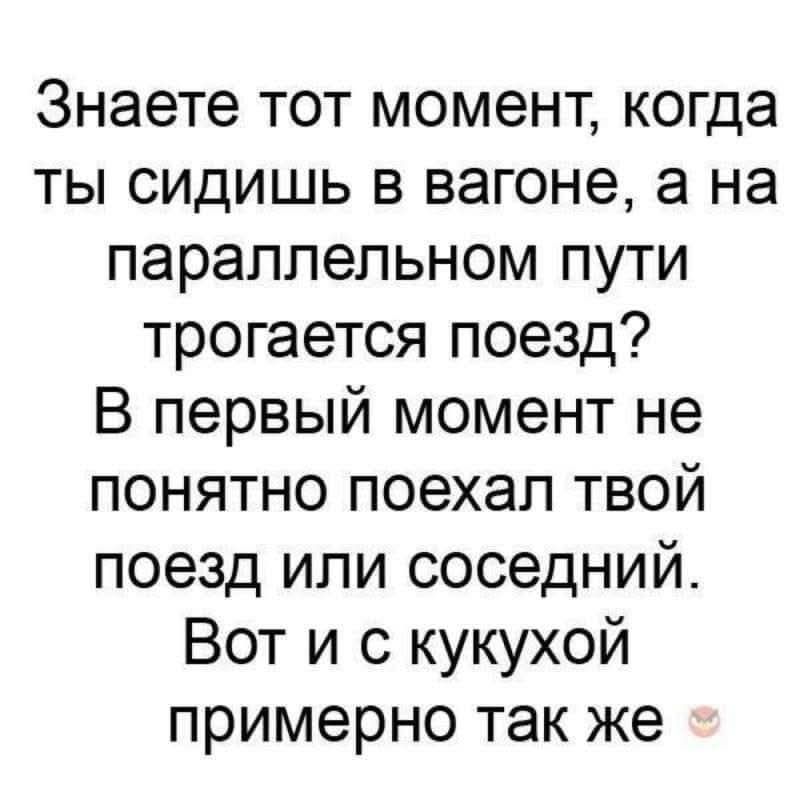 Знаете тот момент, когда ты сидишь в вагоне, а на параллельном пути трогается поезд? В первый момент не понятно поехал твой поезд или соседний. Вот и с кукухой примерно так же