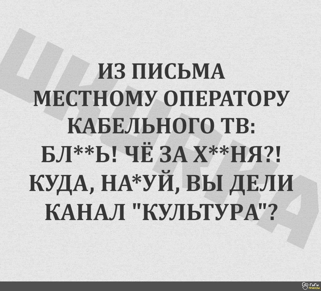 ИЗ ПИСЬМА МЕСТНОМУ ОПЕРАТОРУ КАБЕЛЬНОГО ТВ: БЛ**Ь! ЧЁ ЗА Х**НЯ?! КУДА, НА*УЙ, ВЫ ДЕЛИ КАНАЛ 