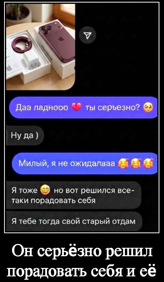 Даа ладноoo ты серьезно? Ну да) Милый, я не ожидалааа Я тоже но вот решился все-таки порадовать себя Я тебе тогда свой старый отдам Он серьёзно решил порадовать себя и её