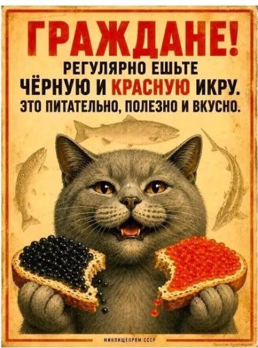 ГРАЖДАНЕ! РЕГУЛЯРНО ЕШЬТЕ ЧЁРНУЮ И КРАСНУЮ ИКРУ. ЭТО ПИТАТЕЛЬНО, ПОЛЕЗНО И ВКУСНО. МИНПИЩЕПРОМ СССР