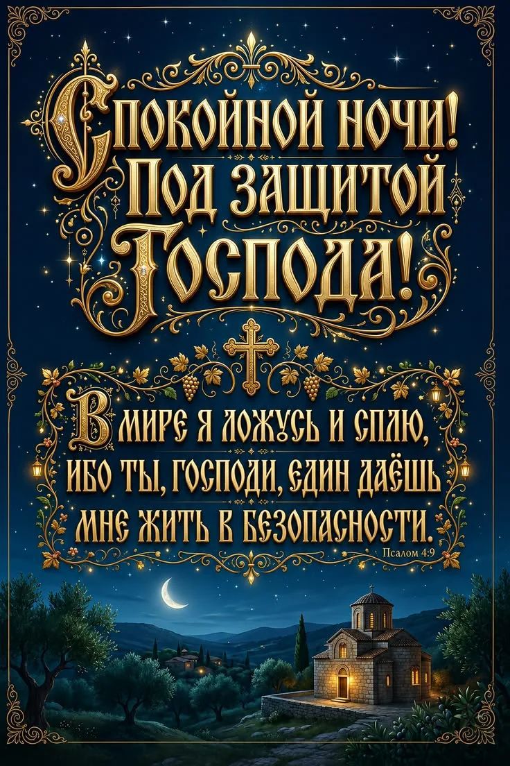 СПОКОЙНОЙ НОЧИ! ПОД ЗАЩИТОЙ ГОСПОДА! В МИРЕ Я ЛОЖУСЬ И СПАЮ, ИБО ТЫ, ГОСПОДИ, ЕДИН ДАЁШЬ МНЕ ЖИТЬ В БЕЗОПАСНОСТИ. Псалом 4:9