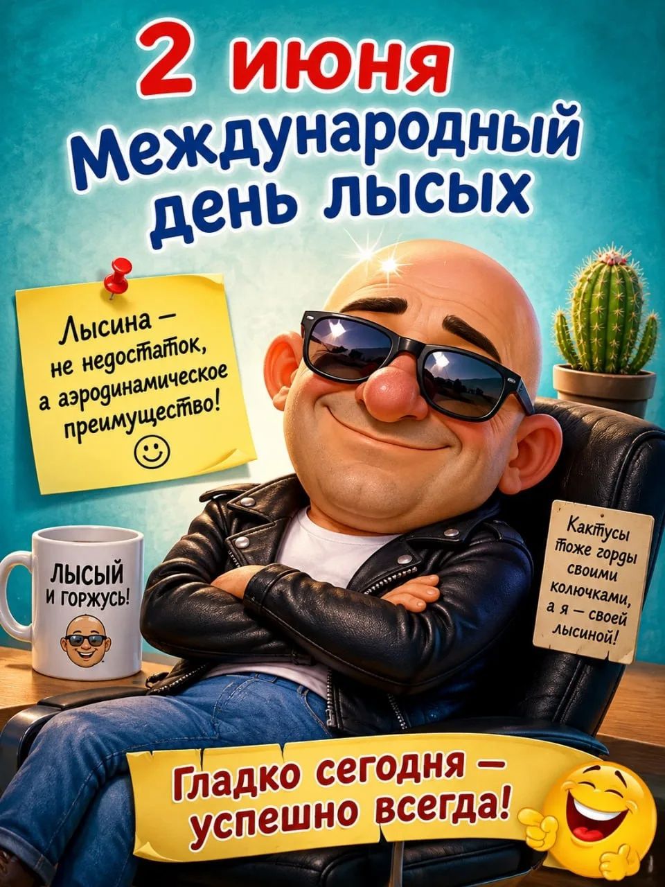2 июня Международный день лысых Лысина — не недостаток, а аэродинамическое преимущество! ЛЫСЫЙ И ГОРЖУСЬ! Кактусы тоже горды своими колючками, а я — своей лысиной! Гладко сегодня — успешно всегда!